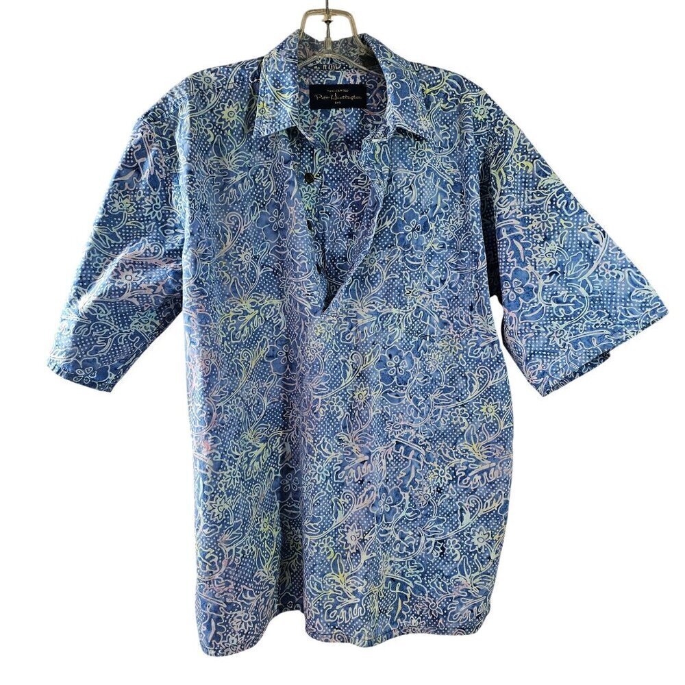 Pete Huntington Bali Handcrafted Hawaiian Shirt Mens L Blue White Floral Vintage
